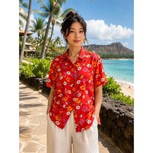 Yue Hwa Red Floral 100% Silk Button Down Shirt Short Sleeve Women Medium Vintage